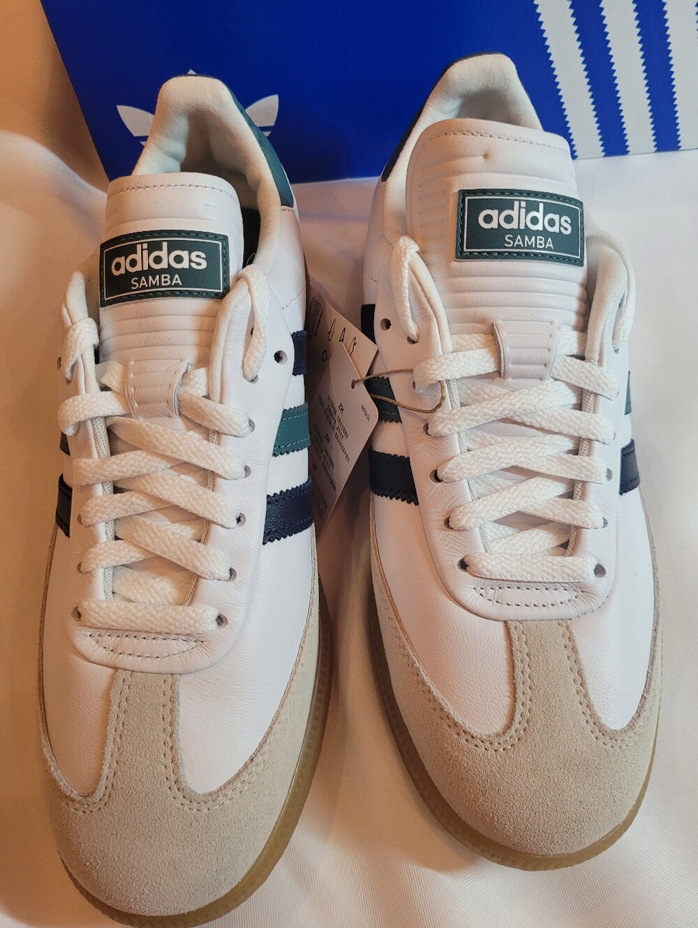Adidas Samba Golf Sneakers White with Navy & Green Stripes NIB M-9/W-10